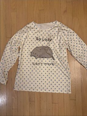 Pusheen Oversized Long-Sleeve Polka Dot Tee - White & Light Blue
